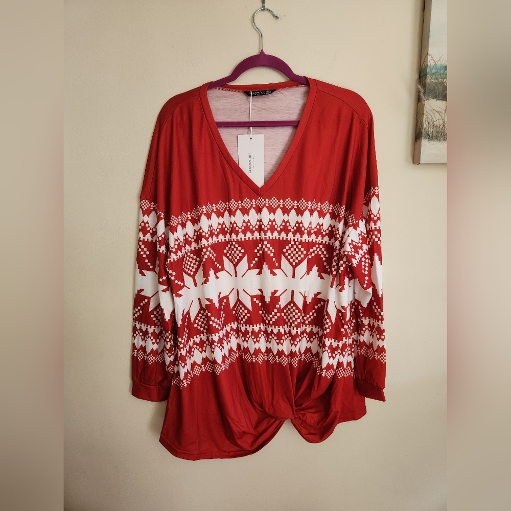 Bloomchic Holiday Top Snowflakes Tie Knot 14/16 NWT Red White